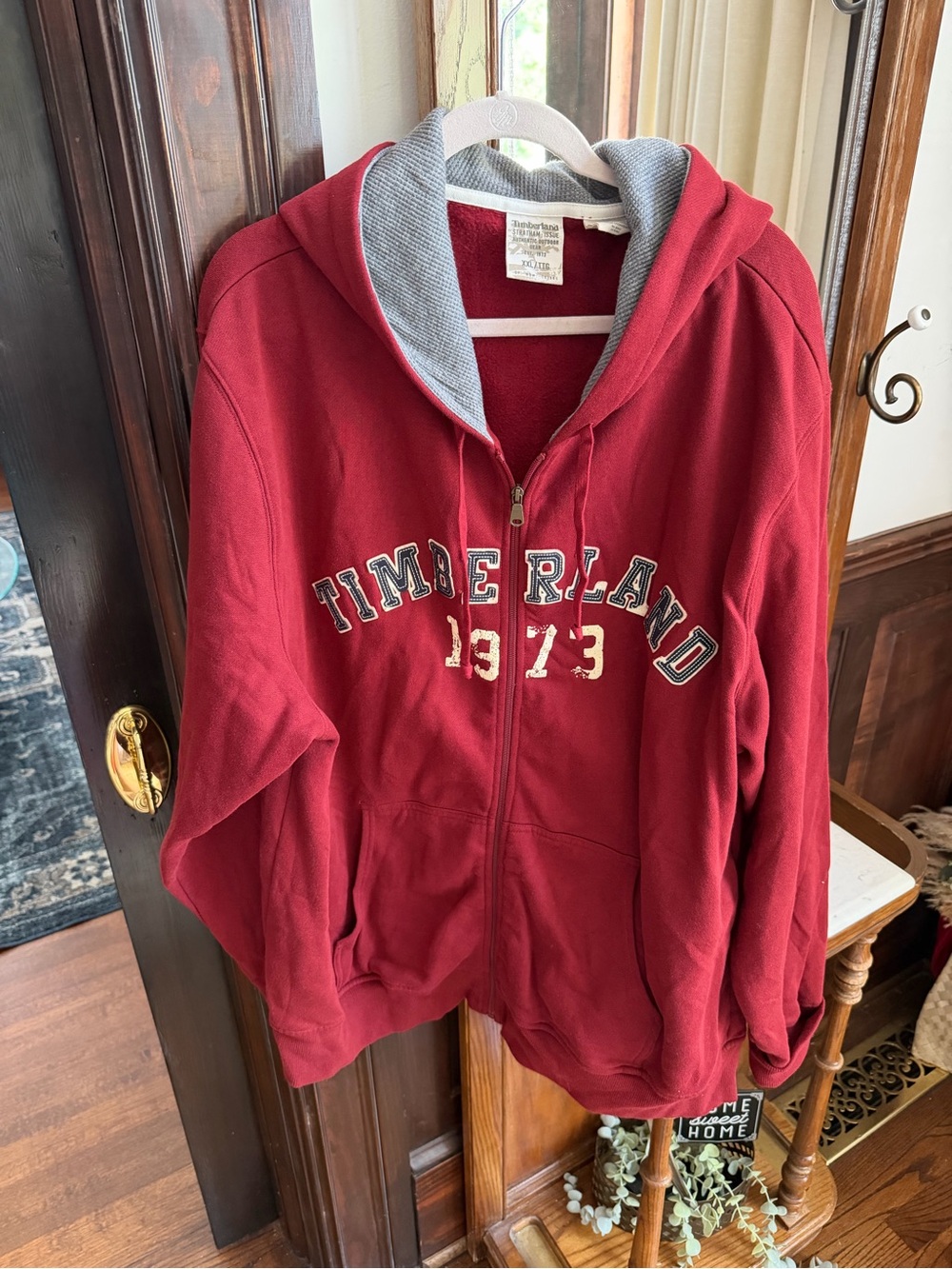 Timberland Maroon and Gray Hooded Zip Sweatshirt